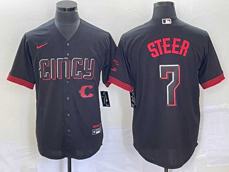 Mens Cincinnati Reds #7 Spencer Steer Black 2023 City Connect Cool Base Stitched Baseball Jersey->cincinnati reds->MLB Jersey